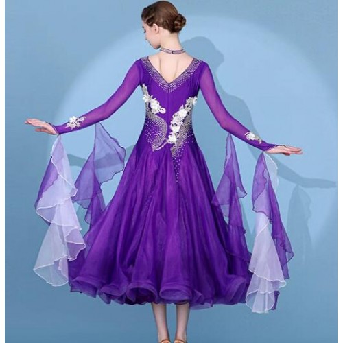 Customized size violet purple competition ballroom dance dresses with floats for women girls waltz tango foxtrot smooth dance long gown for female
